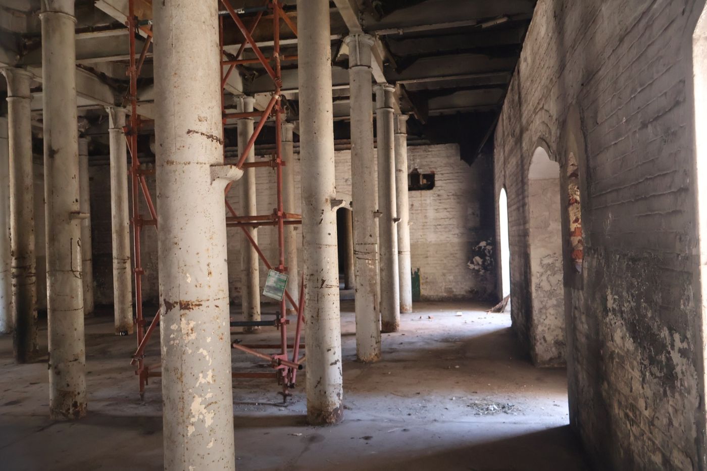 Rows of cast columns beneath the silos inside the historic Premier Mill